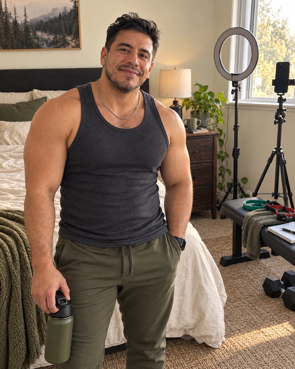 Daniel Cruz, 35, in a casual bedroom recording setup.