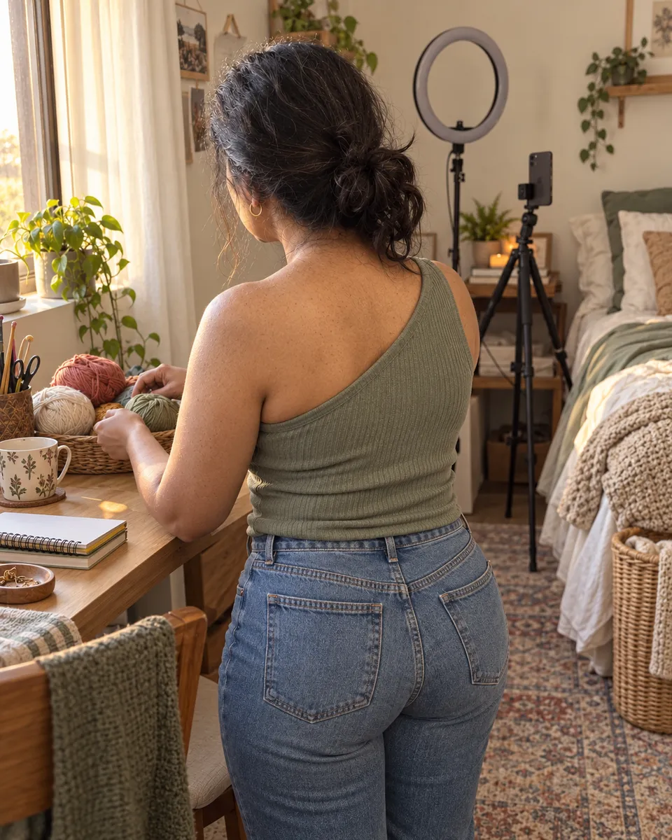 Priya Vale, 32, in a casual bedroom recording setup, with their face out of view.